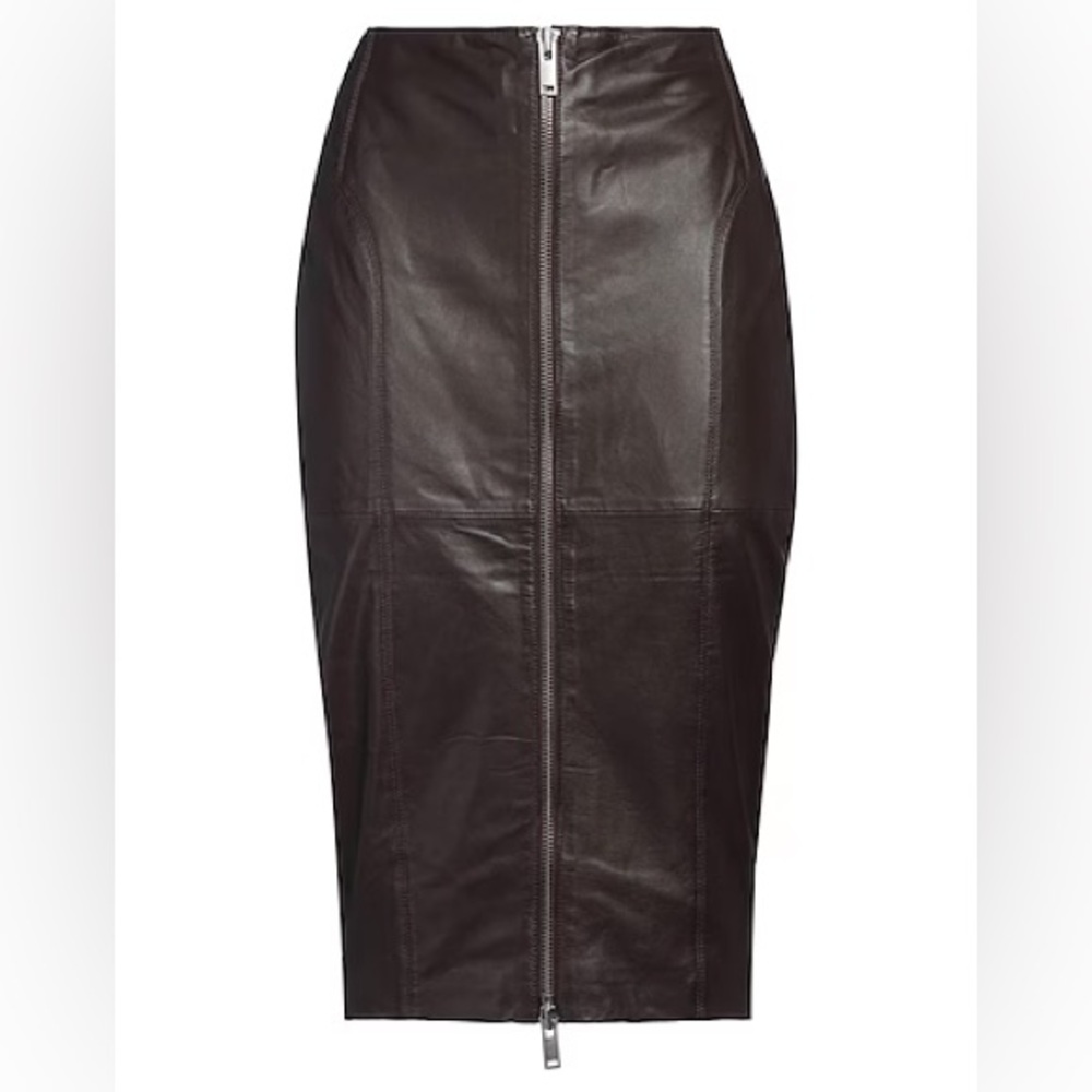 Retrofete dark brown leather zip midi skirt NWoT